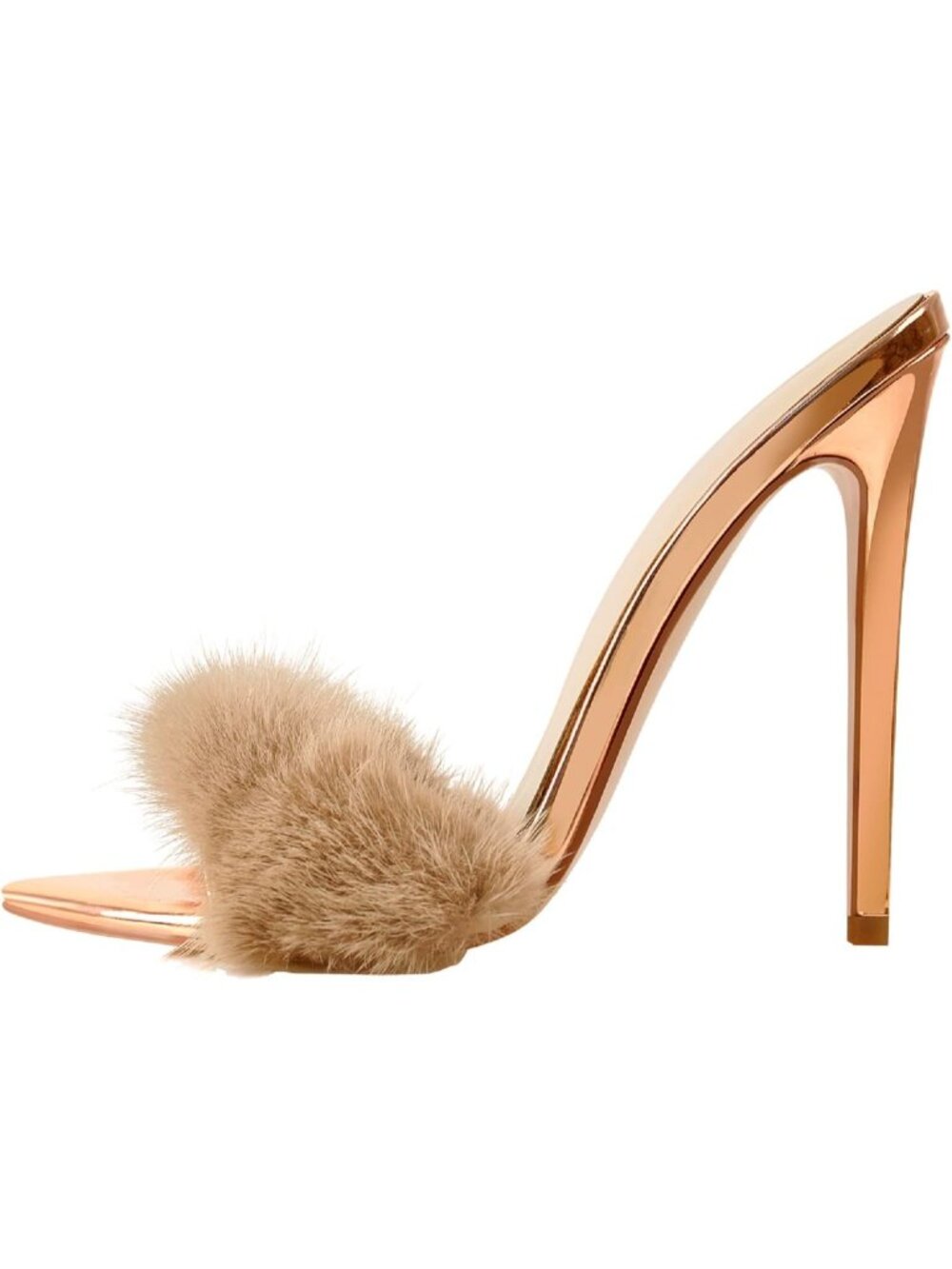 Women's Rose Gold Fur Fuzzy High Heels Stiletto High Heels Mules Sandals Pull On